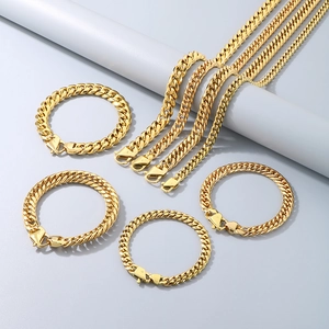 Polished gold Cuban link chain necklace and bracelet set displayed on a white stand