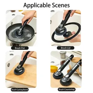 Brosse à vaisselle à long manche avec distributeur de liquide montrant quatre scènes d'usage