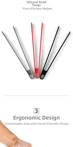 Three-color silicone food tongs with ergonomic handle for BBQ and steak grilling