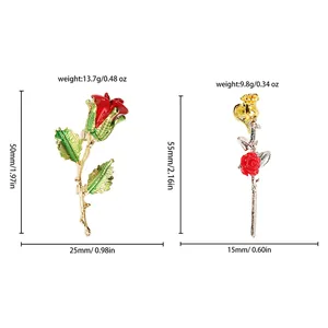 Size guide showing dimensions and weights of rose brooches with gold and red enamel finish