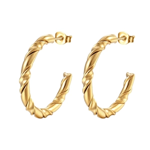 Polished gold stainless steel C-shaped earrings with twisted rope texture on white backdrop