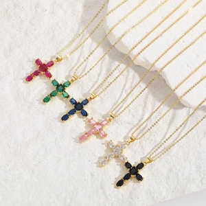 Minimalist gold cross necklace with colorful marquise-cut zircon stones in six variants