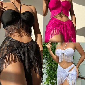 Fringe Bandeau Bikini Top And Bottom With Mesh Tassel Wrap Skirt Padded Summer Beach Vacation Swimwear For Women