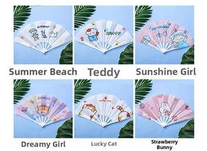 Detailed grid view of foldable plastic hand fans with diverse cartoon summer patterns
