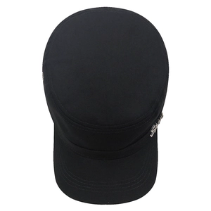 Black camouflage style flat top military hat with silver Sports metal logo and adjustable strap