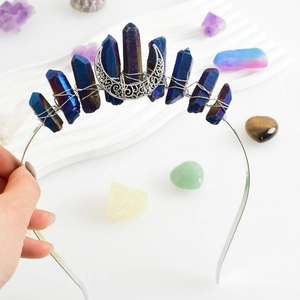 Silver celestial crown headband with natural blue aura quartz crystals and moon charm