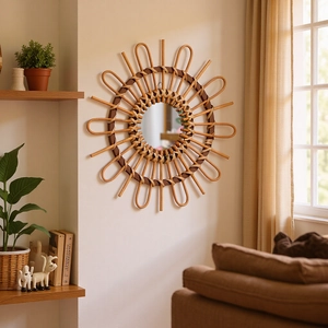 Handmade Rattan Woven Wall Mirror Sunburst Sunflower Decorative Hanging Mirror Bohemian Nordic Style Natural Wicker Home Decor