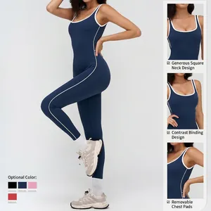 Dark blue one-piece yoga jumpsuit with white contrast trim and elegant square neckline