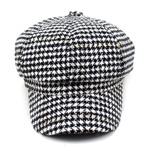 Classic black and white houndstooth newsboy cap with gold thread for women
