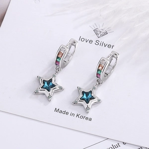 Blue star hoop earrings with colorful crystals and star charms in silver finish