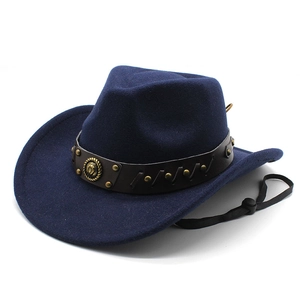 Detail of navy wool fedora hat with brown leather rivet band and adjustable wind strap
