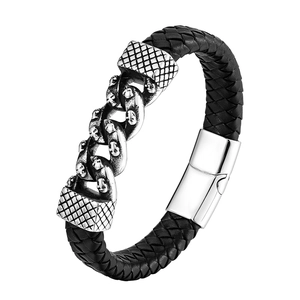 Bracelet rétro en cuir tressé pour homme avec crâne et fermoir magnétique en acier poli