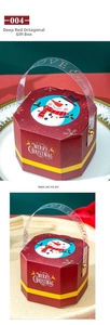 Detail of red octagonal Christmas gift box with snowman illustration and gold handle