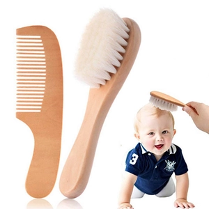 Soft bristle baby hairbrush and wooden comb set for gentle infant scalp massage
