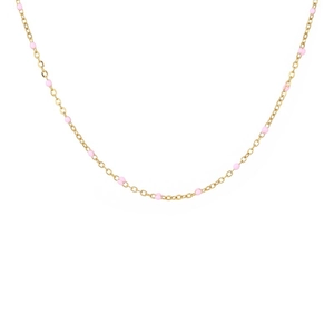 Detail of minimalist gold chain necklace featuring delicate small pink round beads