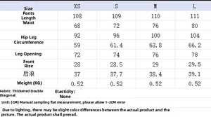 Detailed size guide for high waist flared trousers showing XS to L dimensions in centimeters