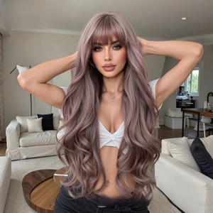 Detail view of wavy ash purple synthetic hair wig with bangs shown on a model