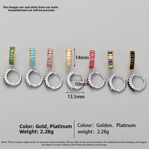 Detailed view of rectangular zircon hoop earrings in various colors and sizes