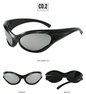 Detailed views of black wraparound Y2K sunglasses with silver reflective lenses