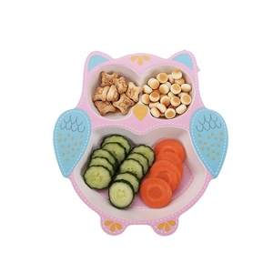 Pink and blue owl-shaped bamboo fiber divided plate for kids on white background