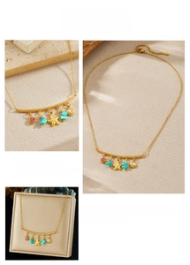 Detailed views of gold starfish and shell necklace with turquoise and pink stones