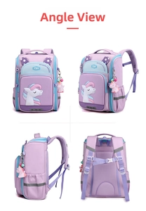 Detailed four-sided view of purple unicorn school bag with ergonomic straps and charm