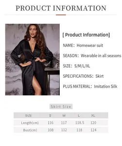 Detailed size guide table for women's long imitation silk bathrobe with measurements
