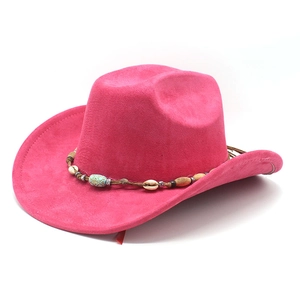 Detail of rose red suede cowboy hat with shell and bohemian beaded decorative band