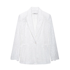 Blazer Blanc Pour Femmes Broderie Anglaise Col Châle Simple Boutonnage Manches Longues Élégant Veste De Costume Florale