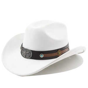 Detail of white felt cowboy hat with leather band and embossed bull head metal buckle