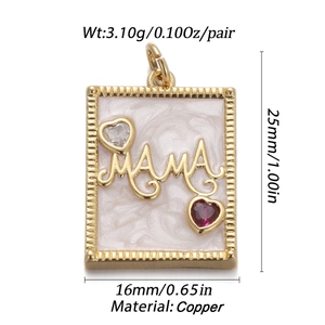 Detail view of 25mm gold MAMA rectangle pendant with pearl inlay and heart stones
