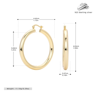 Detailed size chart of large gold S925 sterling silver hoop earrings with measurements