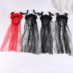 Halloween flower headbands with black veil featuring devil horns, bat and spider motifs