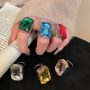 Oversized Square Emerald Cut Rhinestone Ring Copper Adjustable Open Band Luxury Retro Cocktail Jewelry For Women