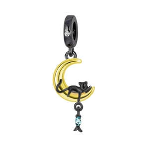 Detail of moon and black cat charm with blue fish gemstone for DIY jewelry bracelet