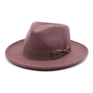 Classic British wool fedora hat with elegant ribbon bow for women in dusty pink