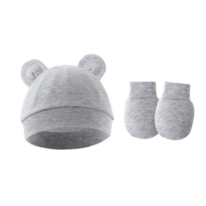 Close-up of baby hat with round ears and anti-scratch mittens set in grey marl knit