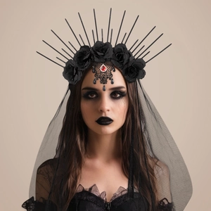 Gothic Spiked Crown Headband With Black Mesh Veil Fabric Roses Red Rhinestone Halloween Costume Cosplay Headpiece Women