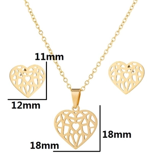 Gold hollow heart jewelry set with necklace and earrings featuring size dimensions