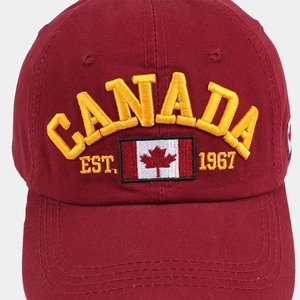Burgundy cotton baseball cap with 3D Canada flag embroidery and yellow lettering