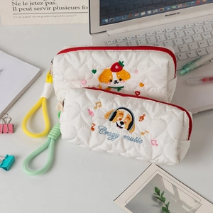 Quilted heart pattern large pencil case with cute dog embroidery and colorful handles