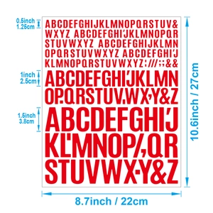 Detail showing 0.5 to 1.5 inch red alphabet stickers with dimensions for scrapbooking