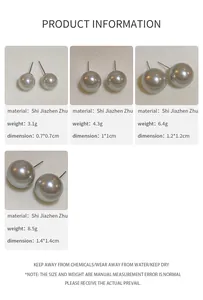 Detailed comparison of four sizes of elegant grey faux pearl stud earrings on white background