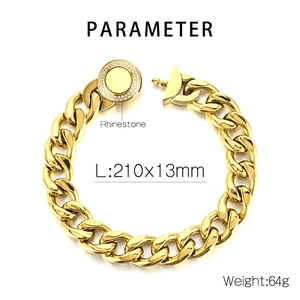 Detail view of gold Cuban link bracelet with 13mm width and rhinestone round buckle