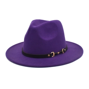 Classic dark purple wool fedora hat with black leather belt buckle and gold metal hardware