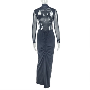 Detail of black slim fit maxi dress with sheer mesh sleeves and ruched back design