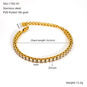 Detailed specs of 4mm zircon tennis bracelet in 18K gold plated stainless steel
