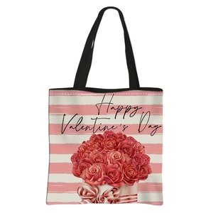 Polyester tote bag with Happy Valentine's Day rose print and red white stripes