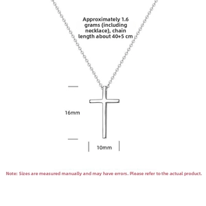 Detailed view of S925 sterling silver cross necklace showing dimensions 16mm x 10mm and 1.6g weight