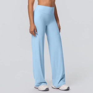 Close-up of high-waisted wide-leg yoga pants in light blue showing the elastic waistband